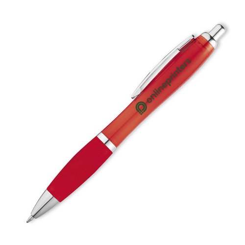 Roter Kunststoff-Kugelschreiber mit Clip und Druckknopf.