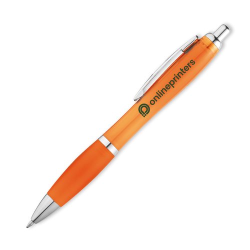Oranger Kunststoff-Kugelschreiber mit Clip und Druckknopf.