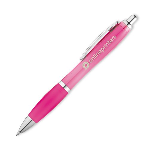Pinkfarbener Kunststoff-Kugelschreiber mit Clip.