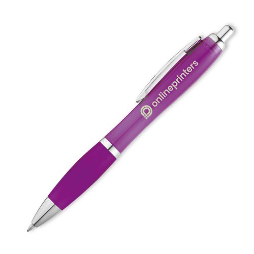 Violetter Kunststoff-Kugelschreiber mit Clip und Druckknopf.