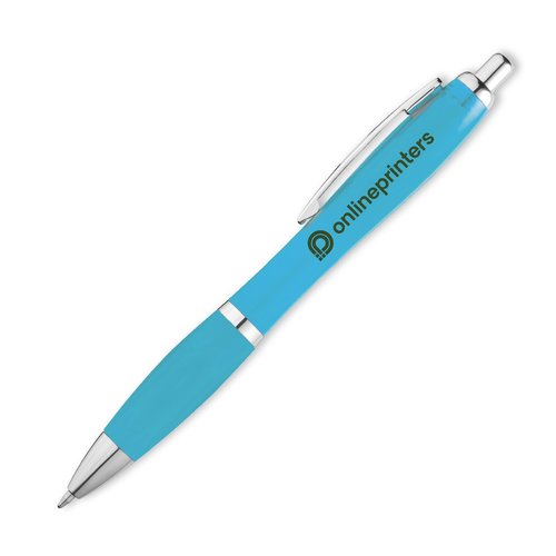 Hellblauer Kugelschreiber mit Clip und Druckknopf.
