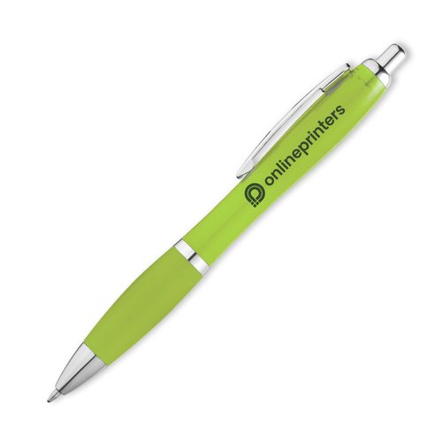 Apfelgrner Kunststoff-Kugelschreiber mit Clip und Druckknopf.