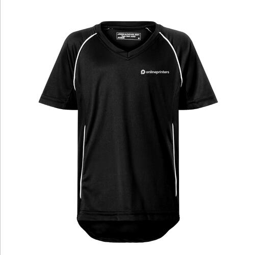 Schwarz-wei�es Kinder-Teamshirt aus Polyester mit V-Ausschnitt.