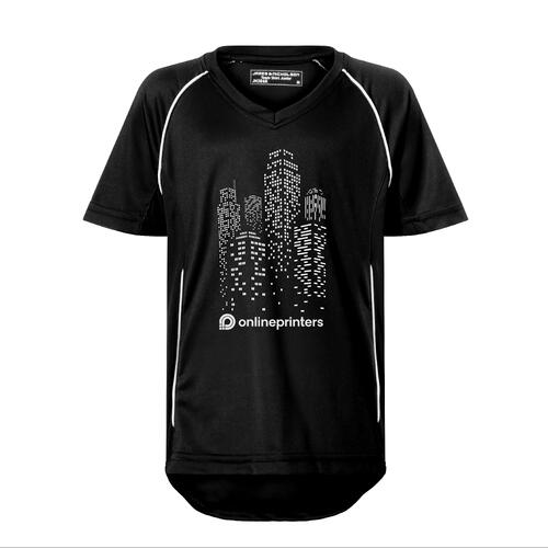 Schwarz-wei�es Kinder-Teamshirt aus Polyester mit V-Ausschnitt.