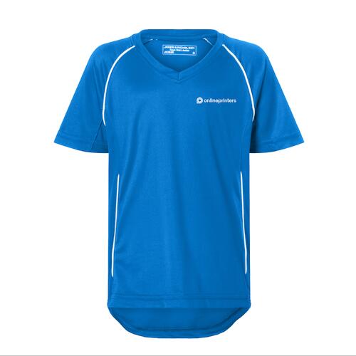 Royalblaues/Wei�es Polyester-T-Shirt mit V-Ausschnitt f�r Kinder.