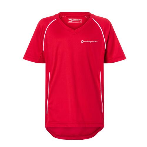 Rotes Polyester-T-Shirt f�r Kinder mit V-Ausschnitt und kurzen �rmeln.
