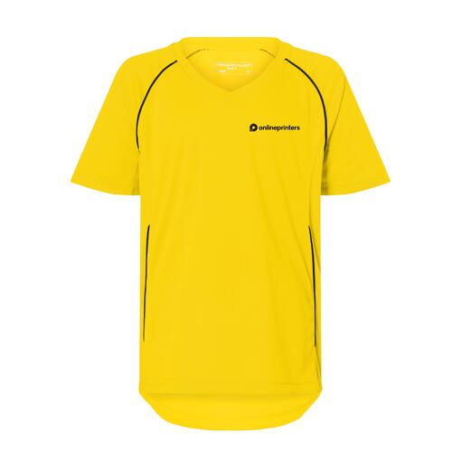 Gelbes Kinder-Teamshirt aus Polyester mit V-Ausschnitt und kurzen �rmeln.