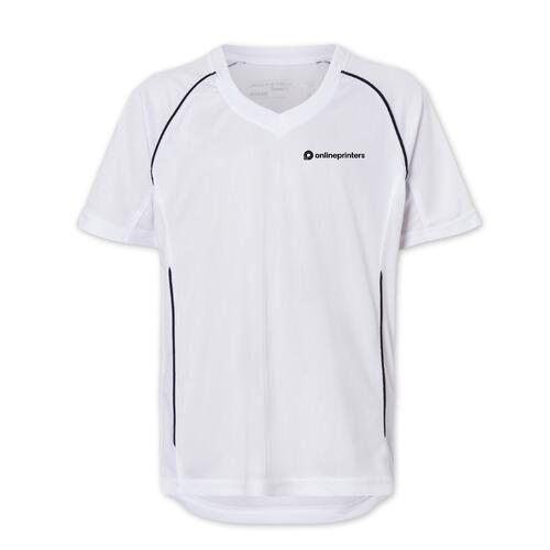 Wei�es Polyester-T-Shirt mit kurzen �rmeln.