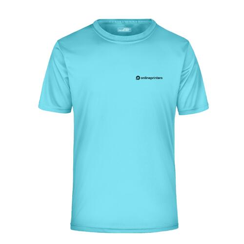 T�rkisfarbenes Polyester T-Shirt f�r Herren mit kurzen �rmeln.