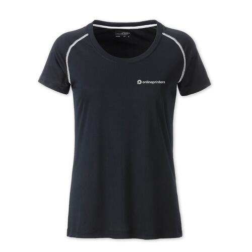 Dunkles Sport-T-Shirt aus Stoff f�r Damen mit kurzen �rmeln.