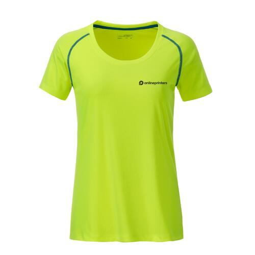 Neongelbes/Blaues Polyester-T-Shirt f�r Damen mit kurzen �rmeln.