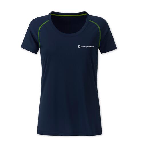 Marineblaues/Neongelbes Damen T-Shirt aus Polyester.