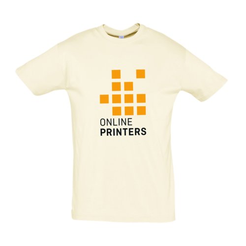 Beiges Baumwoll-T-Shirt mit kurzen rmeln und Rundhalsausschnitt.