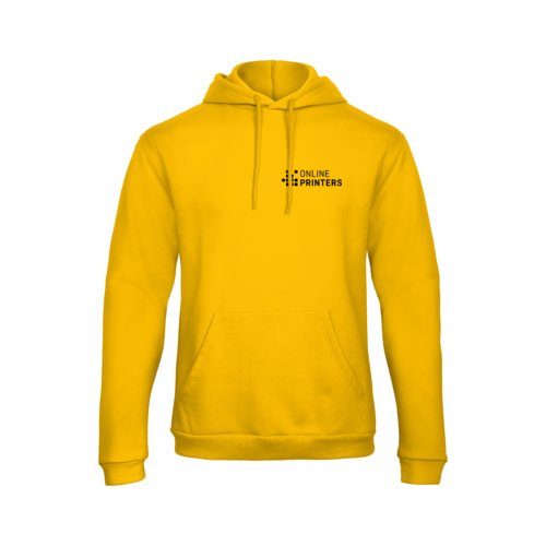 Goldgelber Hoodie aus Baumwollmischgewebe mit Kapuze und Kngurutasche.