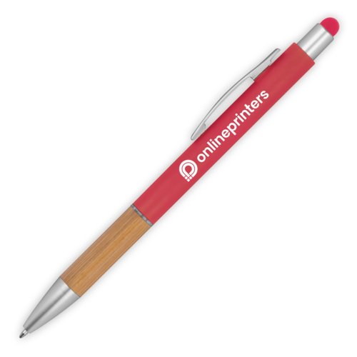 Roter Holz-Kugelschreiber mit Touchfunktion und Clip.
