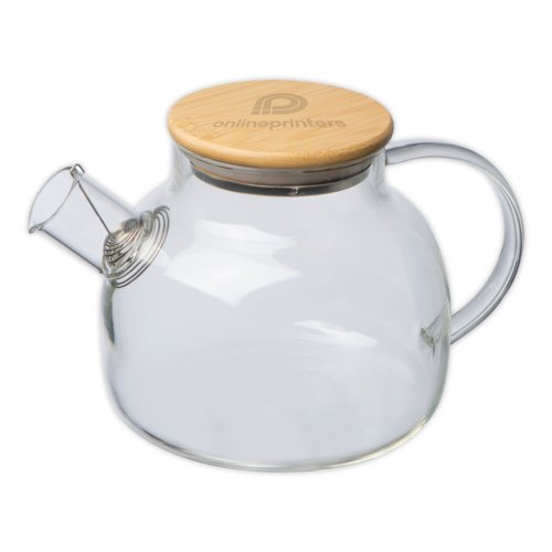 Transparente Glas Teekanne mit Bambusdeckel und Griff.