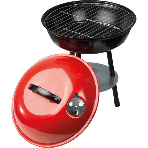 Roter Holzkohlegrill mit Deckel und Standbeinen.