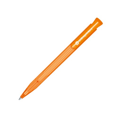 Oranger Kunststoff-Kugelschreiber mit Druckknopf.
