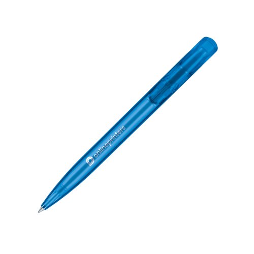 Blauer Kunststoff-Kugelschreiber mit Druckknopfmechanik.