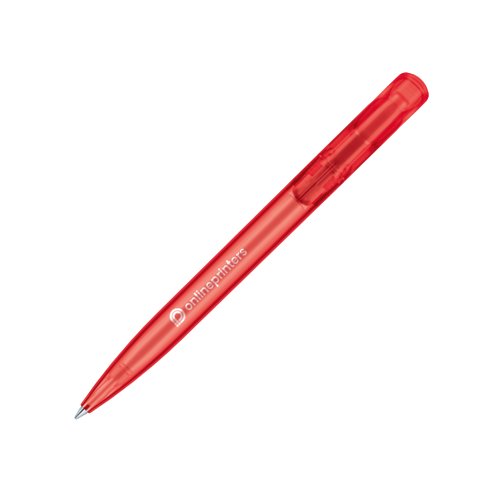 Roter, frostierter Kugelschreiber mit Druckmechanik.