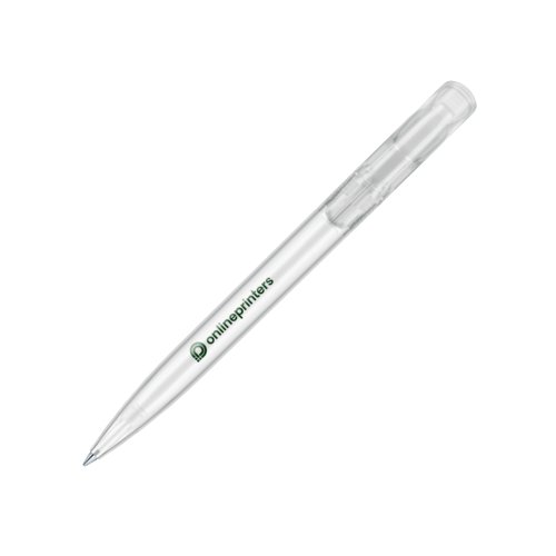 Weier Kunststoff-Kugelschreiber mit Druckknopf und Clip.