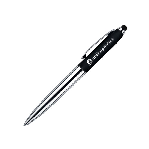 Schwarzer Metall-Kugelschreiber mit Touchpad und Drehmechanismus.