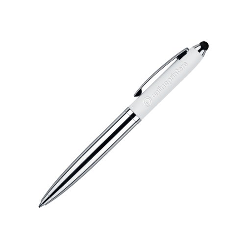 Weier Drehkugelschreiber aus Kunststoff und Metall mit Touchpad-Funktion und Clip.