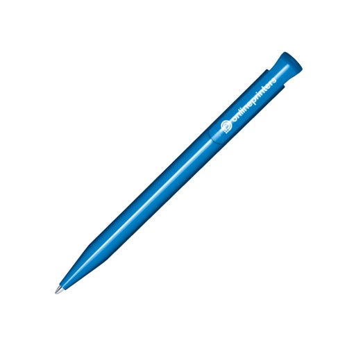 Blauer Kunststoff-Kugelschreiber mit glnzender Oberflche und Druckknopf.