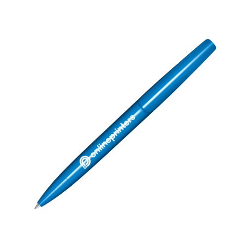 Blauer Kugelschreiber aus Kunststoff mit polierter Oberflche und Drehmechanismus.