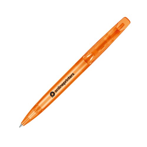 Orangefarbener Kunststoff-Drehkugelschreiber mit Clip.