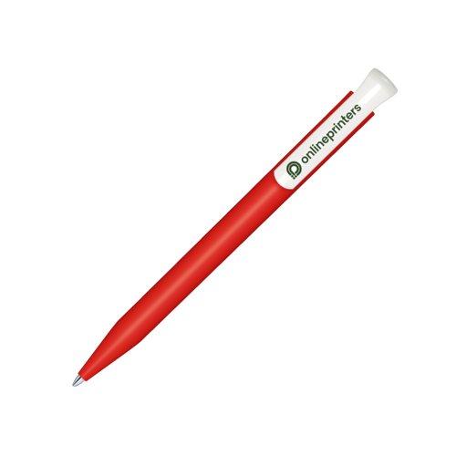 Rot-weier Bio-Druckkugelschreiber mit Clip.