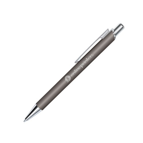 Grauer Kugelschreiber aus Kunststoff mit Soft-Touch-Oberflche und Clip.
