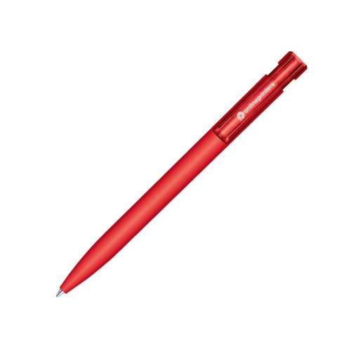 Roter Kugelschreiber mit Druckmechanik und Soft-Touch-Oberflche.