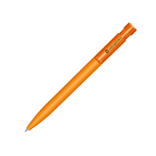 Oranger Kugelschreiber mit Druckmechanik und Soft-Touch-Oberflche.
