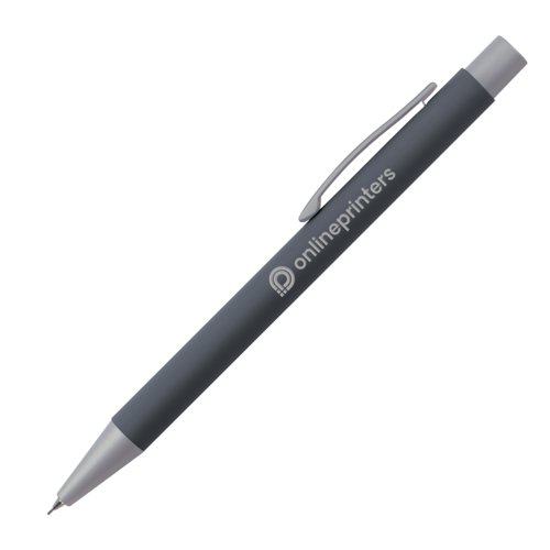 Anthrazitfarbener Druckbleistift mit Clip und Minen-Druckmechanismus.