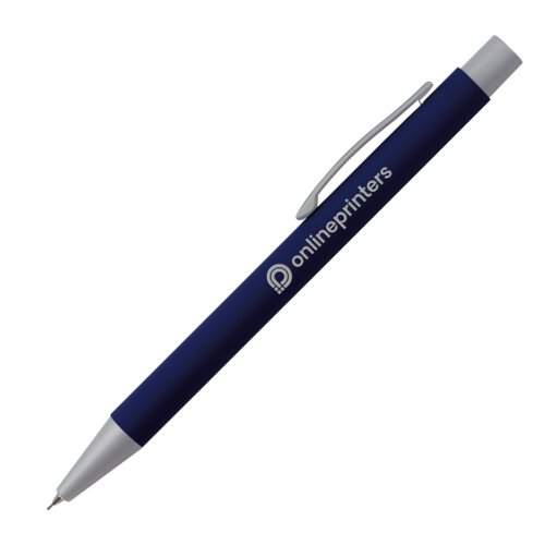 Dunkelblauer Druckbleistift mit Clip und Druckmechanik.