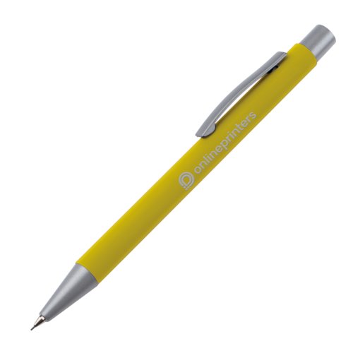 Gelber Druckbleistift mit Clip und Druckknopf.
