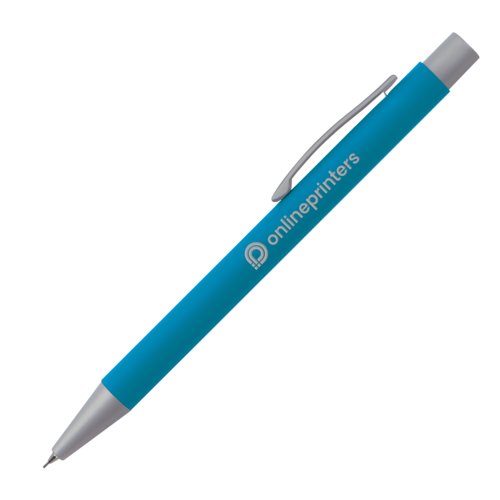 Hellblauer Druckbleistift mit Clip und Druckmechanik.