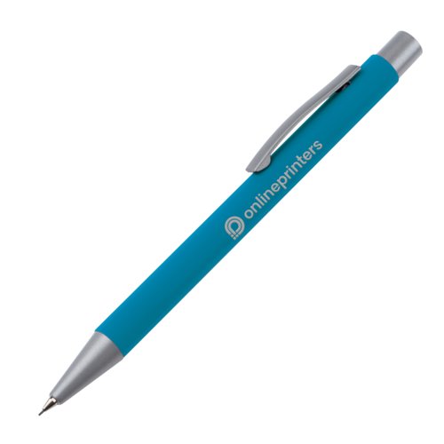 Hellblauer Druckbleistift mit Clip und Druckmechanismus.
