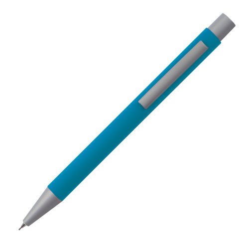 Hellblauer Druckbleistift aus Kunststoff mit Clip.