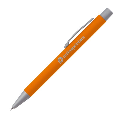Oranger Druckbleistift mit Clip und Druckmechanismus.