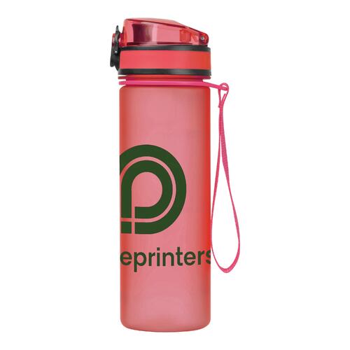 Pinke Tritan-Trinkflasche mit Deckel und Trageschlaufe.