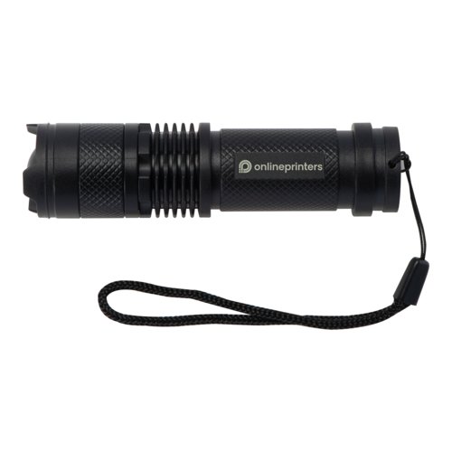 Schwarze, wiederaufladbare Taschenlampe mit Handschlaufe.
