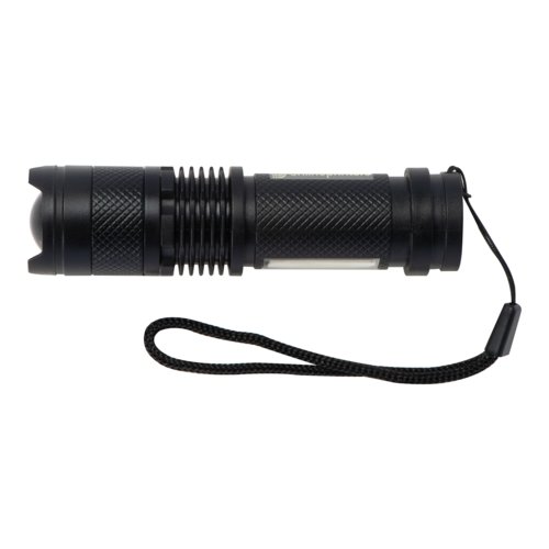 Schwarze, wiederaufladbare Taschenlampe aus Metall mit Handschlaufe.