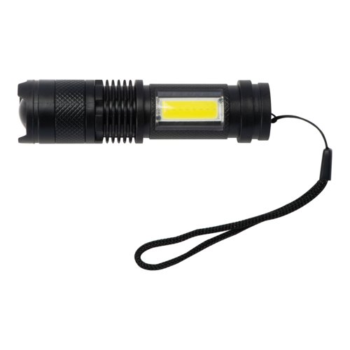 Schwarze, wiederaufladbare Taschenlampe mit Handschlaufe.