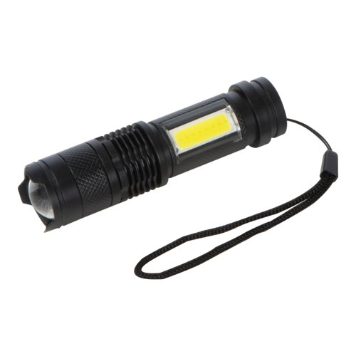 Schwarze, wiederaufladbare Taschenlampe mit Handschlaufe.