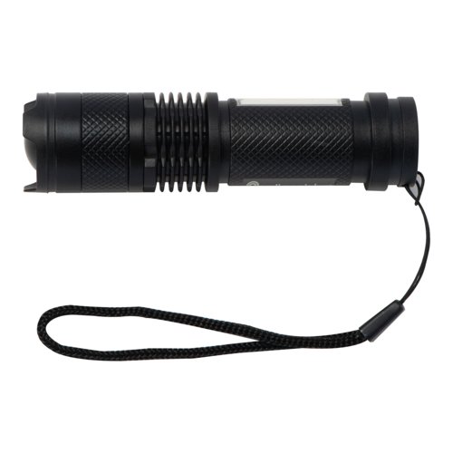 Schwarze, wiederaufladbare Taschenlampe mit Handschlaufe.