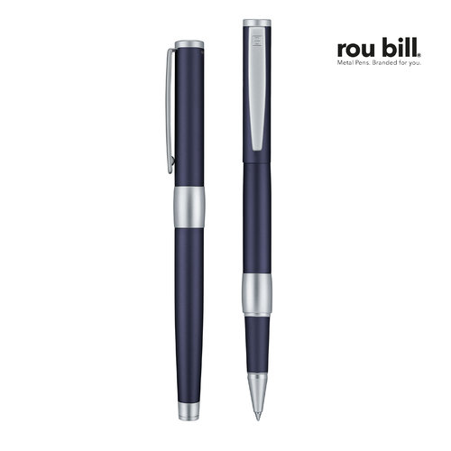 Blauer Metall-Rollerball mit Kappe und Chrom-Details.
