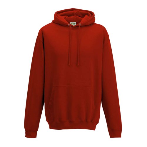 Roter Baumwoll-Polyester-Hoodie mit Kngurutasche und Kapuze.