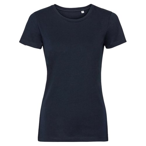 Marineblaues Baumwoll-T-Shirt fr Damen mit kurzen rmeln.